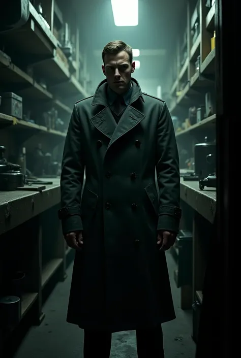 A cold and calculated German psychopath in a trench coat, surrounded by a dimly lit industrial basement filled with tools.