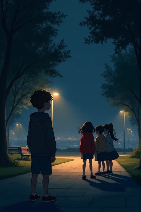 A night scene in a park where a boy, wearing a hoodie and standing in the shadows, watches his crush from a distance. The boy has short brown hair and his face shows a mix of longing and admiration. His crush, a girl with long dark hair and a bright red ja...