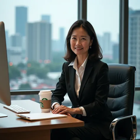 A photo of a beautiful, elegant middle-aged Japanese boss sitting in an executive chair in a private office. In front of her is a desk with a white iMax computer. There are file folders next to the computer. In her hand is a cup of Starbucks coffee. She is...