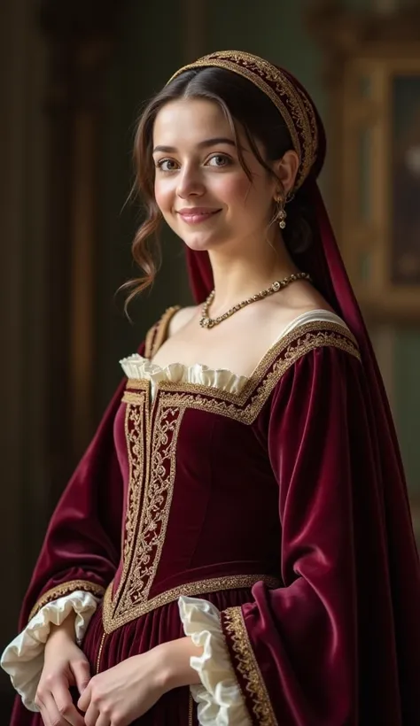 close shot The woman in medieval Europe is dressed in a long, elegant gown made of velvet or silk in deep, rich colors, with a fitted bodice and flowing skirt. The dress features intricate embroidery, and she wears a coif (a close-fitting head covering) ad...