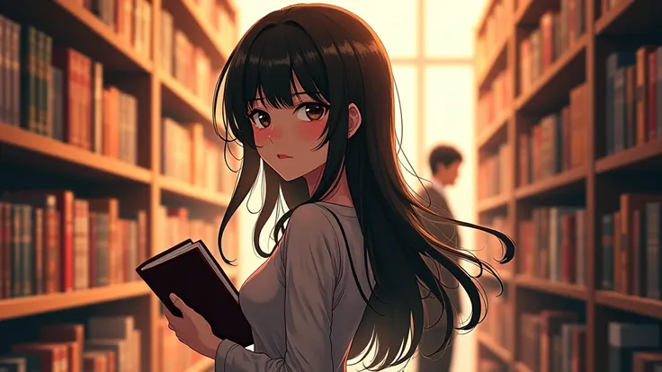 a sexy confused anime woman, with deep detailed face, long hair, holding book, in bookstore, a man is standing there