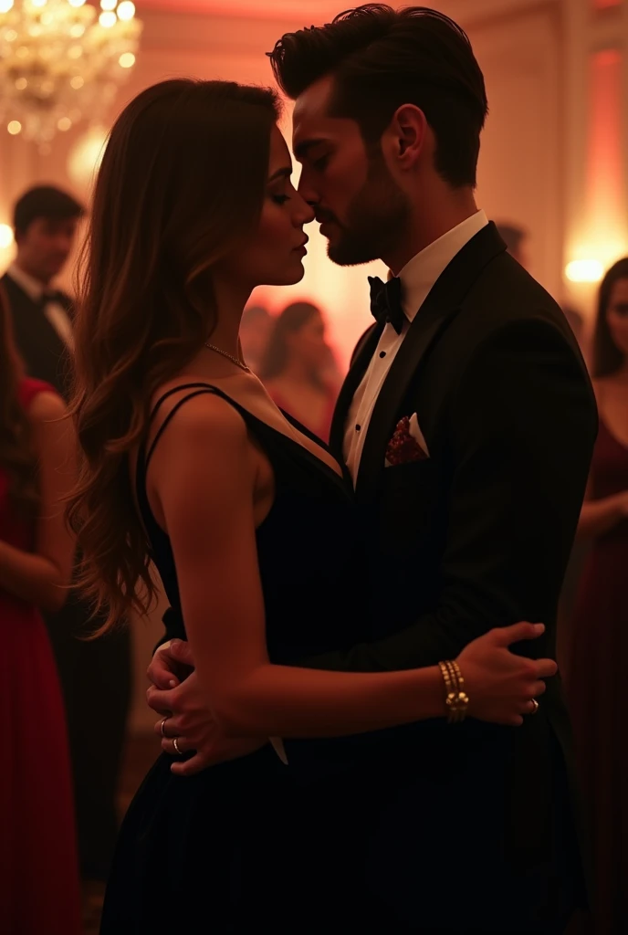  a beautiful woman , big boobs in a black dress , is hugging a handsome man in a suit on a romantic evening in a party room