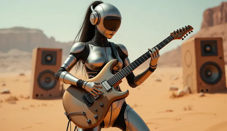 in the desert, android with a sexy female face plays rock guitar, there are big speakers on each side  , 4K, 8 k,  high definition ,  masterpiece fails:1.2,  super detailed ,  realistic, 
photo realistic, photo- realistic:1.37, HDR, contract,  studio light...