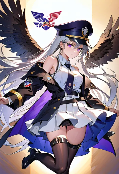  longhair 、 purple eyes、grey hair epsd 、 military hat、 Eagle Union （emblem）、 ties、 white sleeveless shirt、 off shoulder、Military coat、belt、 pleated skirt 、Thigh Highs、 black high heel boots 、Without zipper、