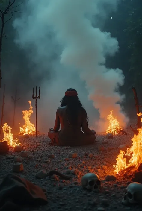 A very clear ultra HD dynamic image of "A vivid depiction of a cremation ground with burning pyres, surrounded by thick smoke. An Aghori sadhu sits in a meditative posture amidst ashes, skulls, and a trident. The atmosphere is mysterious, with a dim and ee...