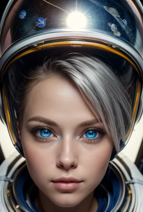 (Close-up of a better masterpiece:1.5)0.9], (Space and astronauts:1.2) (Messy silver hair:1.1) (Heterochromia xanthochromia and blue eyes:1.2) (Space Helmet:1.0) (Colored stars in the eyes:1.0) (A radiant glow:1.1) (thick lips:0.9)