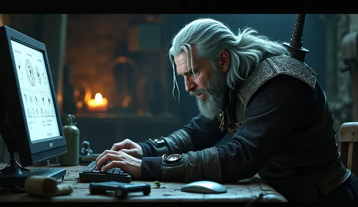 geralt de the witcher, en pleine crise de rage derrière un ordinateur, dans le style de the witcher