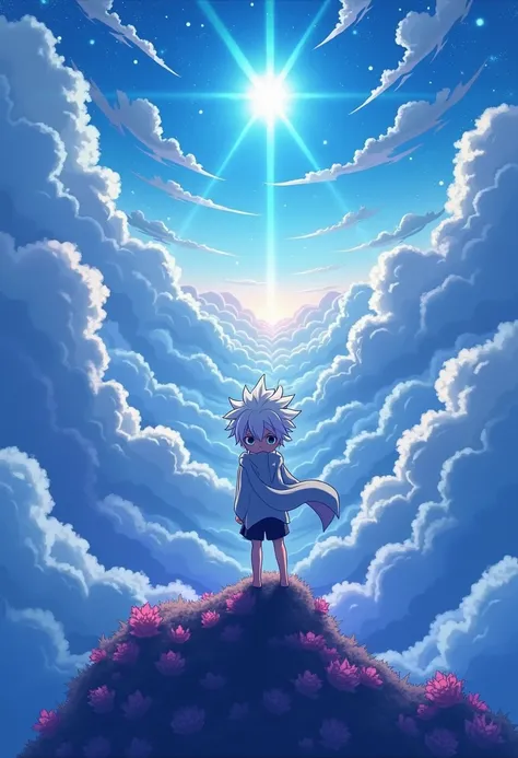 anime, anime, anime art, anime boy ( gojo satoru), sky, clouds, sun, sunbeam,, anime movie background, makoto shinkai cyril rolando, colorful anime movie background, cosmic skies. by makoto shinkai, incredible anime movie scene, screenshot from the anime f...