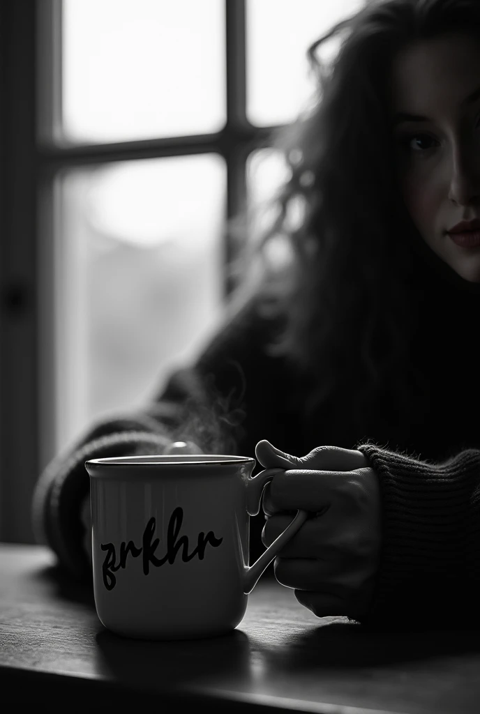 drinking a cup of coffee in front of a window .  the cup has ZRKHR written on it and the photo is in black and white