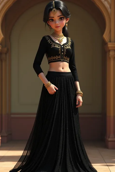 a indian 20 years girl skin white and black hairstyle gold head chain black shining lehenga black sleeves and slippers realistic 12k uhd realistic