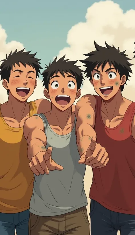  "A group of joyful man with dirt-covered faces and clothes, laughing and pointing towards the viewer. They wear simple, colorful tank tops and display pure happiness. The background is cloudy, creating a soft, muted atmosphere, while the focus remains on ...