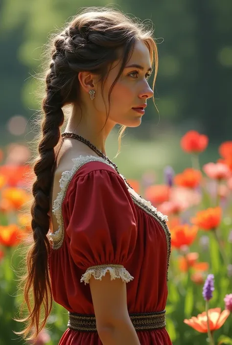 1girl,  22 years old, Caucasian, by the ruby, with a large  ( braided ponytail that falls over her shoulder :1.8),  in a very colorful garden , (colorful flowers:1.5), dressed in the Renaissance style, large V-shaped neckline , short sleeve, micro short, (...