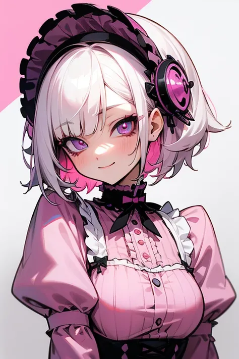 Short white hair, ,   Gothic Lolita、  punk fashion、Headbang 2.、  pink clothes 、((anime female eyes :1.35)). detailed eyes、(( gentle smile)).