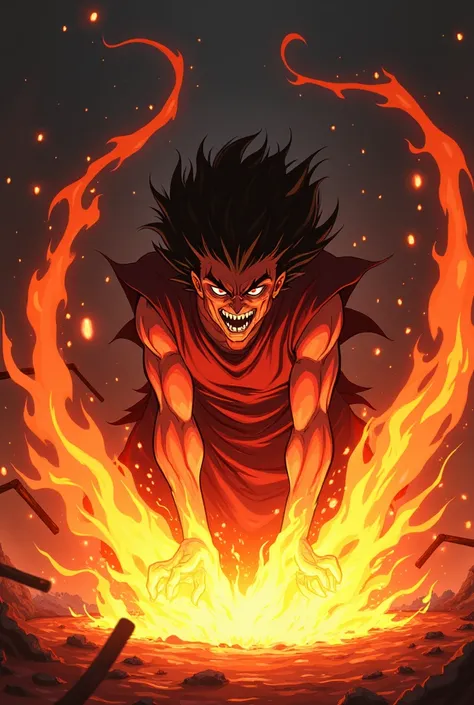 Hell Liquid Fire (The slams their hands on the ground and liquid fire comes out from the ground that is from hell) anime style 