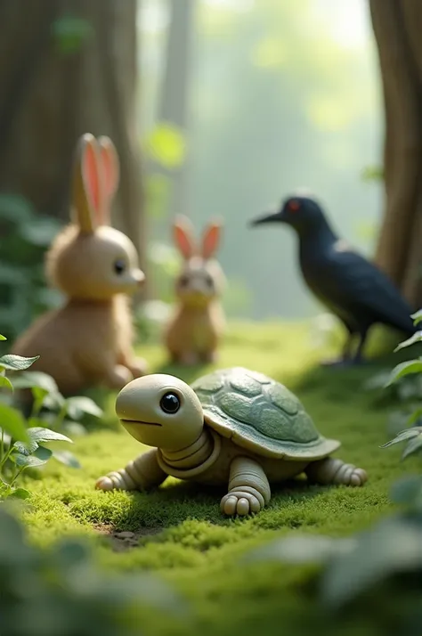 A small turtle made of clay or toys sits on a grassy patch surrounded by trees. Animals like a rabbit and a crow are visible in the background