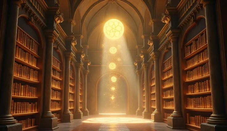 "A tranquil library filled with ancient books, illuminated by warm, golden light, with floating symbols of knowledge and wisdom gently hovering over the shelves.