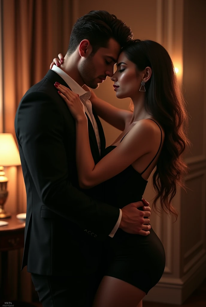 a beautiful woman , hot, sexy, with a black dress,  is hugging a handsome guy in a suit on a romantic night in the room 