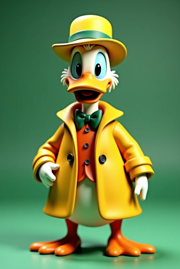 duck in a yellow coat and hat standing on a green surface, donald duck in real life, gooseman, goose, kathy zyduck, donald duck, inspired by Jacob Duck, duck shoes, duck, as a claymation character, subject= duck, promotional picture, quackery, aardman char...