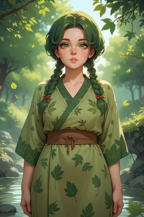 A hot and beautiful young girl with moss-green hair and freckles, wearing a leaf-patterned tunic, front view, standing