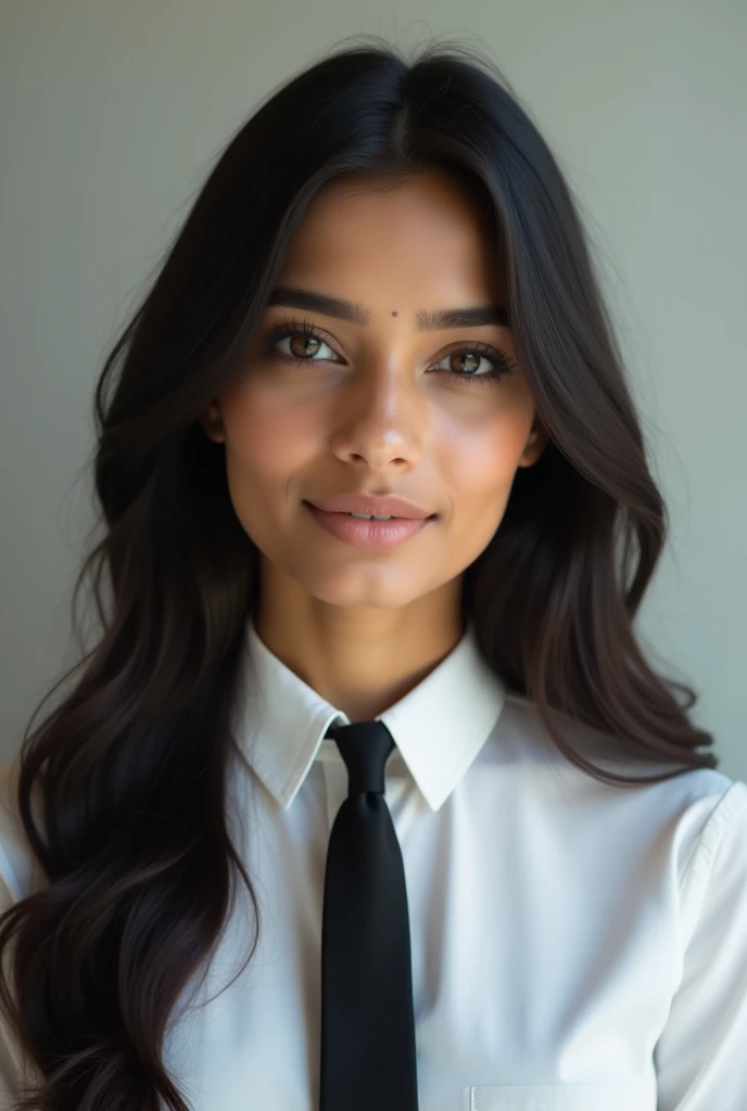 A beautiful 20 years old indian girl who wears a white colour shirt and black tie 