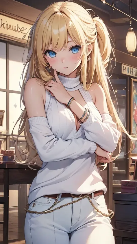 最high quality、best image quality、masterpiece、with a girl((18-year-old、vest bust、big bast,beautiful blue eyes、wide open chest, blonde、Slender,big valley、white sweater、white pants、open your arms、dance、bracelet)）high quality、beautiful art、With background((Lar...