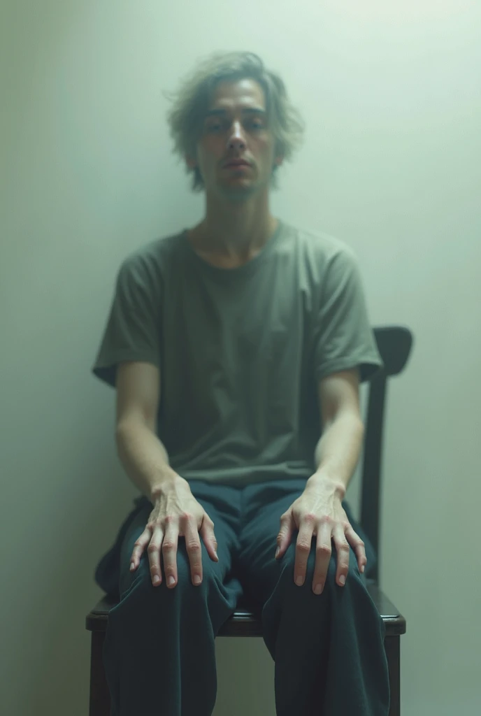 A person sitting on a chair, with your hands and face blurred ,  as if they were slowly disappearing