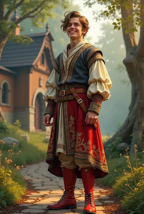 slavic yong man in archaic dress, boyar, middle ages russian young man, ancient russia, red high boots, fantasy russian village, forest, pretty young man, smiling, silly smile, charismatic