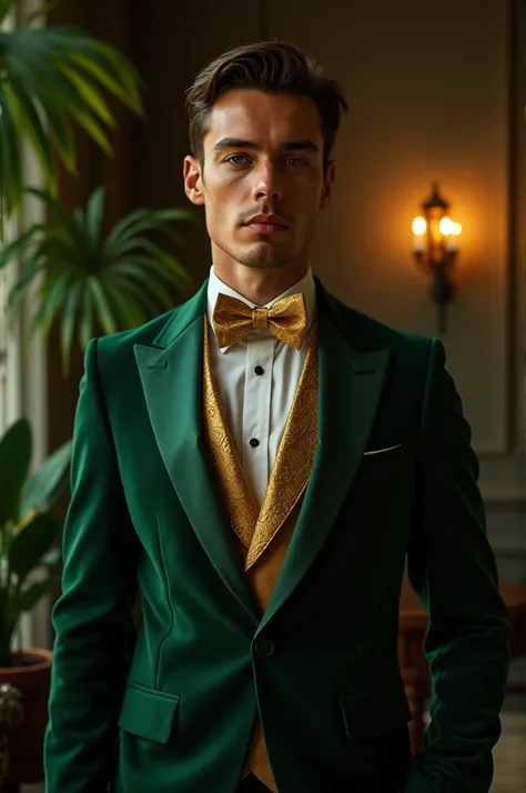  creates a 29-year-old man without a beard wearing a forest green or dark green tuxedo, a golden bow , Gold scarf ,  in an elegant space with bohemian lighting or according to the moment ,  cinematic style