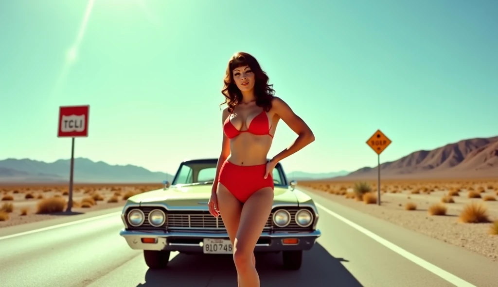 A powerful and voluptuous pin-up style woman posing confidently in front of a classic 1960s car on a deserted highway, under the intense midday sun. The scene is set in a dry desert environment with vibrant colors, showcasing vintage road signs and a bold,...