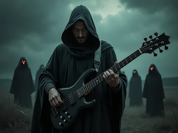 "An enigmatic monk wearing a hood, deeply focused, playing an electric bass guitar. The monks expression is serious and intense, as he strums the bass with passion. In the background, a group of demonic figures lurks in the shadows, their ominous eyes glow...