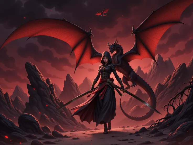 ( high res), (8k), (  BEST ILLUSTRATION), ( top quality ), Dragons made by magic fly、Assassins who walk from afar、A female assassin who fights magic、Im wearing a deep hood、The world of hell、The background is an image of danger and an image of death、 Anothe...