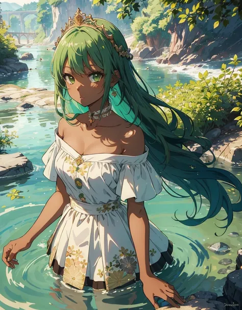 (( masterpiece fails,  top quality )), ( 1girl,  anime girl in the river ,  in medieval style),(change, ,  dark skin ,  style to blush), (One), (female focus), ( green hair ,  straight hair ,  long hair, floral tiara ), green eyes , ((open shoulder)) ,  da...