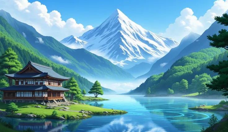 mountains. lakes. japanese houses. trees. wavy lake water. fantasy. animation.