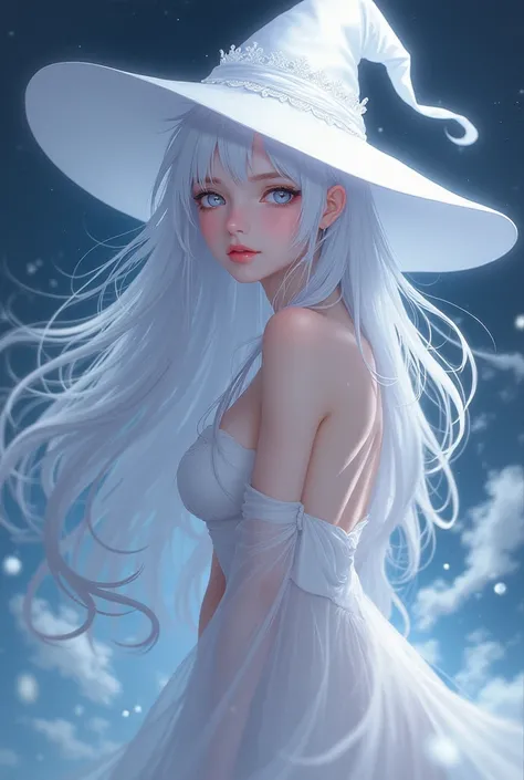 Make an anime-style waifu white hair white witch hat white eyes without clothes 