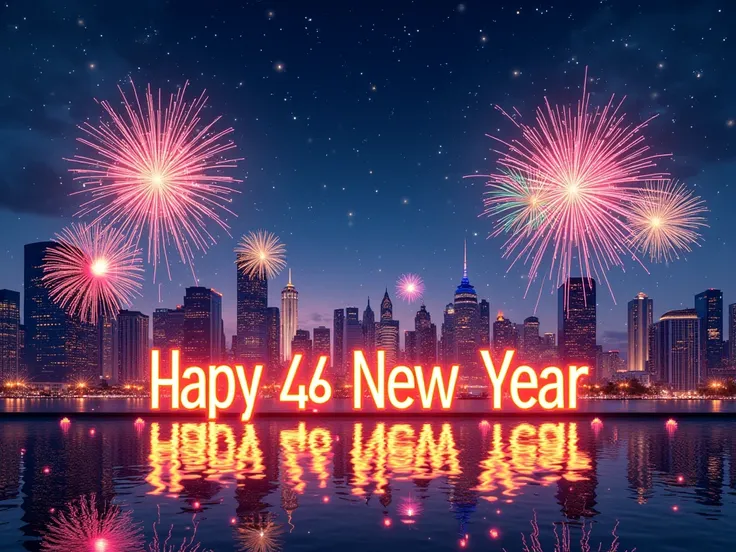 Write the letter "Happy New Year to Royal 48 Company Family" on New Year night view.