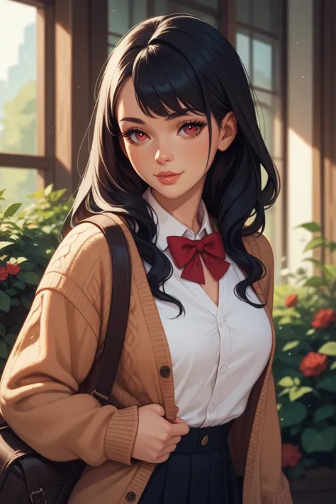 Black hair with medium long hair,  red eyes. A neatly dressed shirt and cardigan. beautiful girl