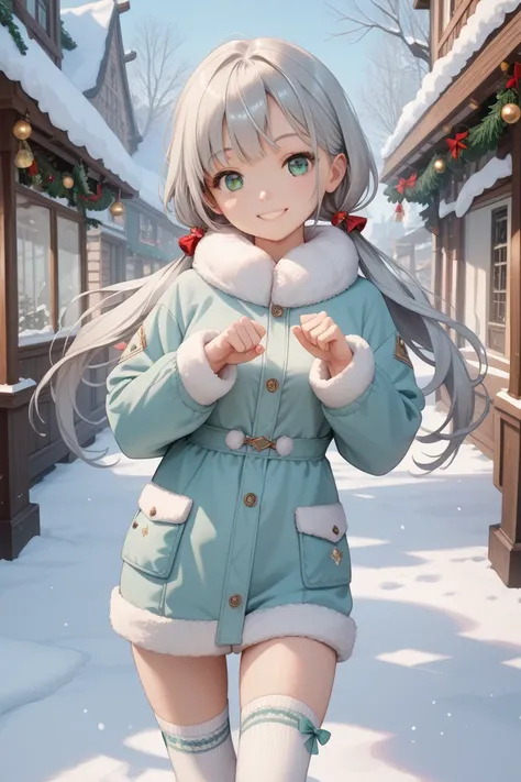 ((best quality)), ((masterpiece)), (detail), 1 early teen girl, silver hair, long hair, low twintails, light green eyes, small eyes, medium breasts, skinny, smile, winter clothes, thigh high socks, cute pose, 