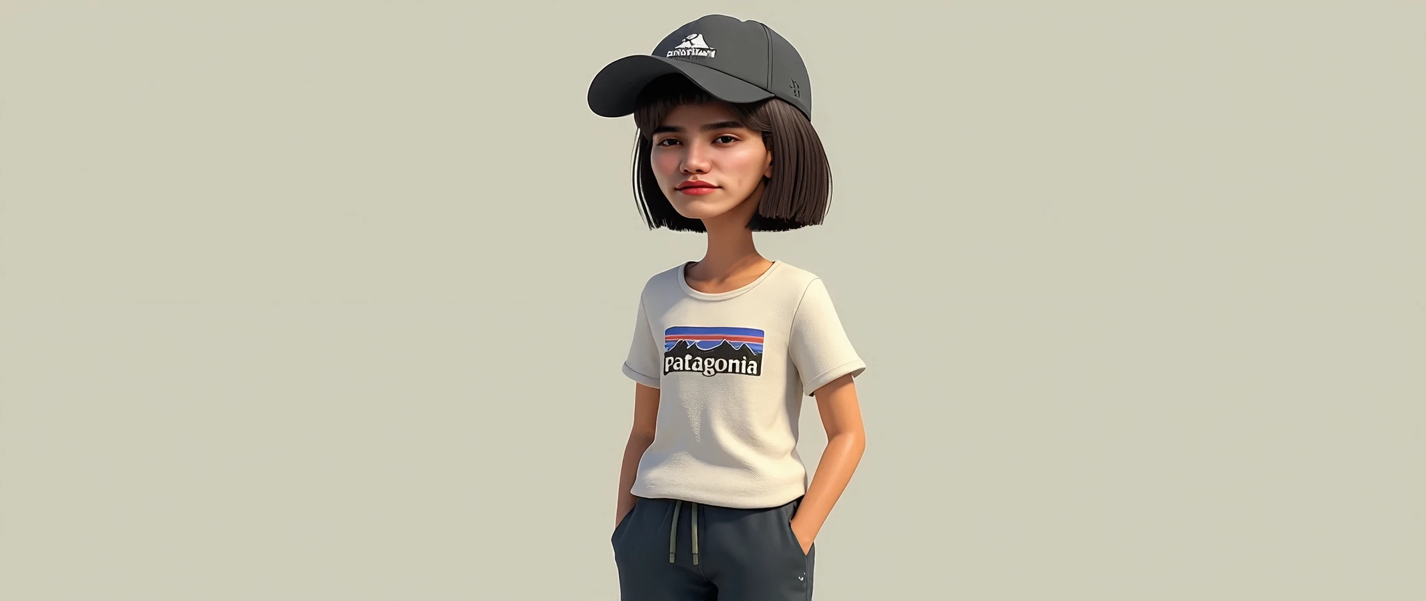 The character has straight short hair, almond-shaped eyes, olive-toned skin, and a distinctive nose. They wear a Patagonia graphic t-shirt, Patagonia hat, and Adidas training pants, standing casually
With a relaxed demeanor, the character stands upright