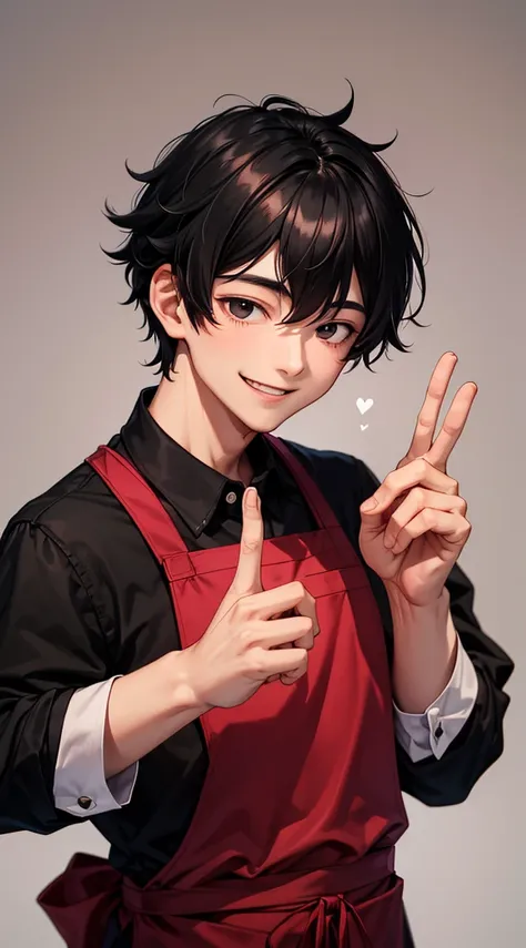 1man, 25 years old, black eyes, black hair, black shirt, maroon apron, standing, smile,