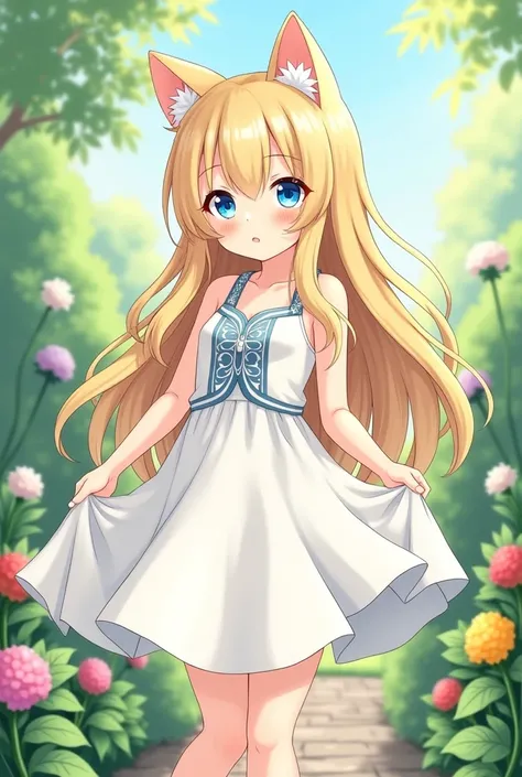  Girl with cat ears in a white dress, standing in the garden , BREAK，Blonde long hair， blue eyes ，((( vest )))，Lift up the skirt,  rolled up to show off panties ， in a dress, , artwork in the style of guvaiz, guvaiz on pixiv artstation, guvaiz on artstatio...