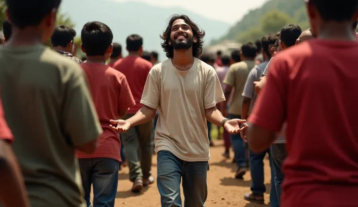 A humble depiction of Jesus walking through a village, His hands outstretched, blessing people. The Nepali boy stands among the crowd, his eyes fixed on Jesus, showing reverence and gratitude.all people wear t-shirts and jeans.