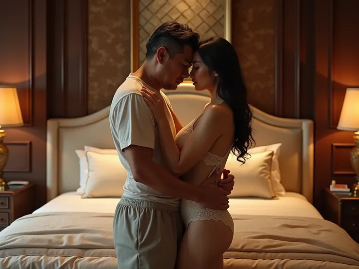 Real scene A middle-aged Chinese man wearing shorts and a T-shirt is hugging a beautiful young Chinese woman with big breasts wearing a thin nightgown on the bed in a luxurious room.