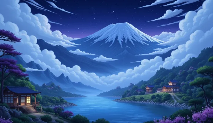 mountains above thick clouds. lake. traditional japanese houses. confucius. trees. wavy lake water. night. stars. fantasy. animation.