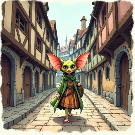 Gary Chalk style colour line art drawing,  medieval city ,large  rogue  cute female gremlin in medieval clothing, empty street. 