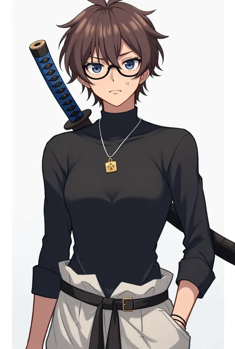 A anime style man with short semi fluffy brunette hair, with circle framed glasses and a meek expression. He wears a tight black shirt that’s form fitting and baggy white harem pants with a black belt. He has dark blue eyes. He has a katana strapped to his...