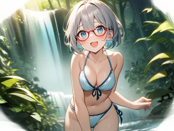 1 girl,  blue eyes, Grey Hair,  red rimmed glasses、in the woods、Big waterfall、Gentle Light、Cool feeling、Transparency、bikini、burst of laughter、