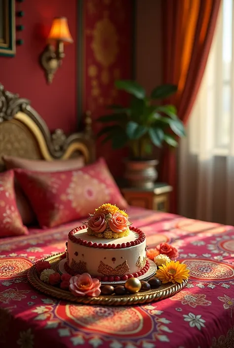 Creat a photo,an indian room, on bed there is a cake, flowers and chocolate, a fanush 