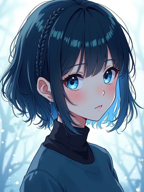 Anime illustration two-dimensional illustration hairstyle : uncut bob bob cut braided hair color:2 colors, black hair, light blue, eye color : light blue pure eyes round eyes beautiful eyes 