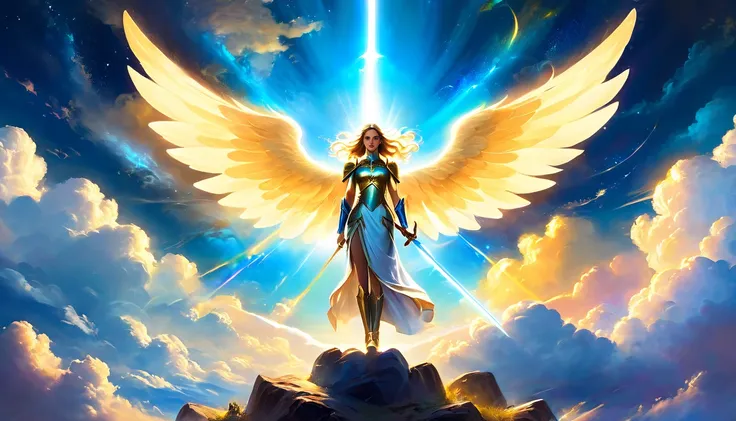 A large angelic figure is the centerpiece, with a determined gaze, raised high in the sky. The background is warmly lit in vibrant yellows and blues, with parted clouds and subtle rays of light suggesting a divine presence. Add a faint halo or rainbow glow...