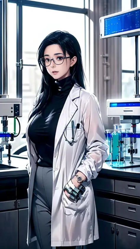 (best quality:2.0), (extremely detailed:2.0), (highly detailed:2.0),(Enoka Toudou, a chemistry teacher at Himeki Girls’ Academy, dressed in a fitted white lab coat over a black turtleneck sweater and tailored charcoal gray pants, working inside a spacious ...